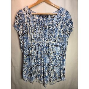 Tommy Hilfiger Blouse Womens XL Blue White Floral Pintuck Sleeveless Tie Boho